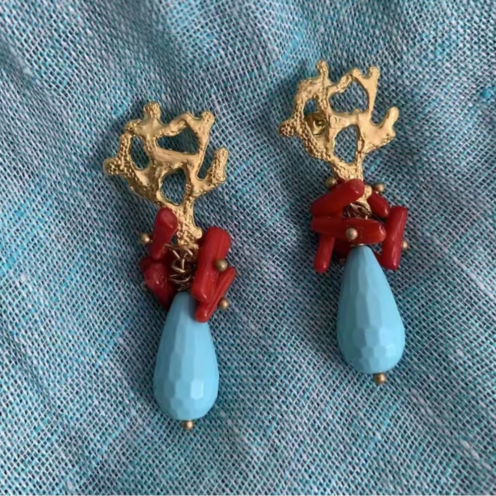 Coral Red Turquoise Bead Drop Gold Earrings